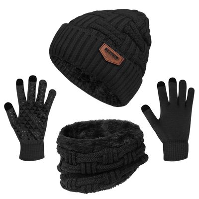 3-Pieces Winter Beanie Hat Scarf and Touch Screen Gloves Set Warm Knit Skull Cap for Men Women, W-Khaki(Hat Scarf Gloves)