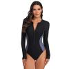 IBTOM CASTLE Surfing Swimsuits for Women: Women's Sexy One Piece Bathing Suit Tummy Control Rash Guard Front Zipper Crew Neck Swimwear Slim Monokini Sun Protection Athletic Beachwear Black & Gray L view 1