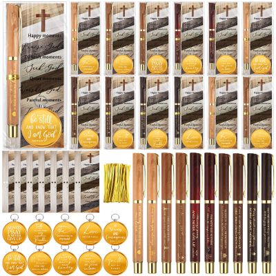 Spakon 30 Sets Christian Gifts for Men Religious Baptism Church Inspirational Bible Verse Engraved Compass Bamboo Pen Bookmark Christmas Christian Gifts for Pastor Father Sunday School (Natural)