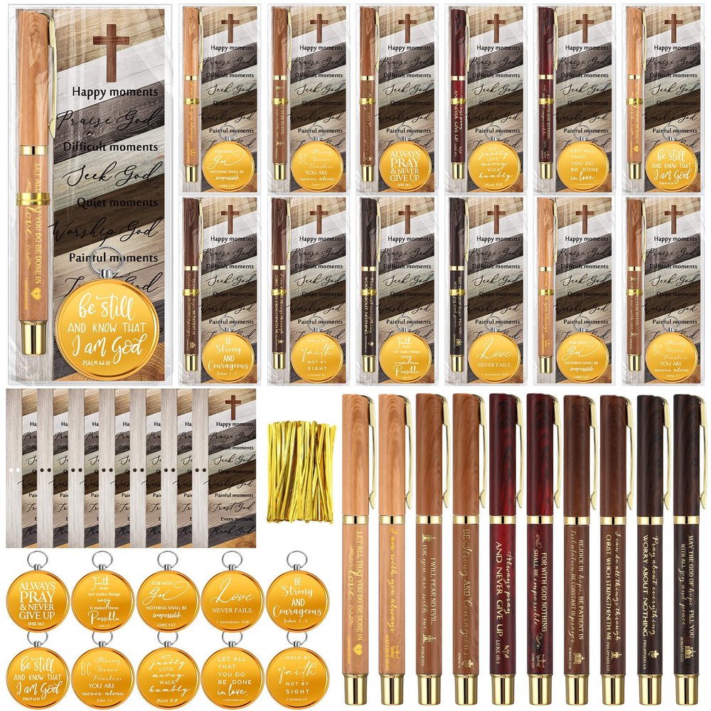 Spakon 30 Sets Christian Gifts for Men Religious Baptism Church Inspirational Bible Verse Engraved Compass Bamboo Pen Bookmark Christmas Christian Gifts for Pastor Father Sunday School (Natural)