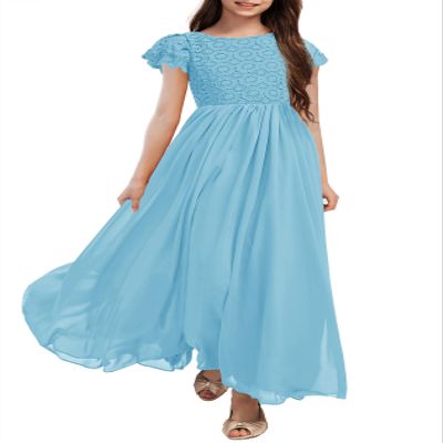 HOSIKA Tween Girls Eyelet Embroidery Lace Elegant Formal Party Maxi Dress for Wedding Birthday Light Blue