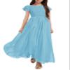 HOSIKA Tween Girls Eyelet Embroidery Lace Elegant Formal Party Maxi Dress for Wedding Birthday Light Blue view 1
