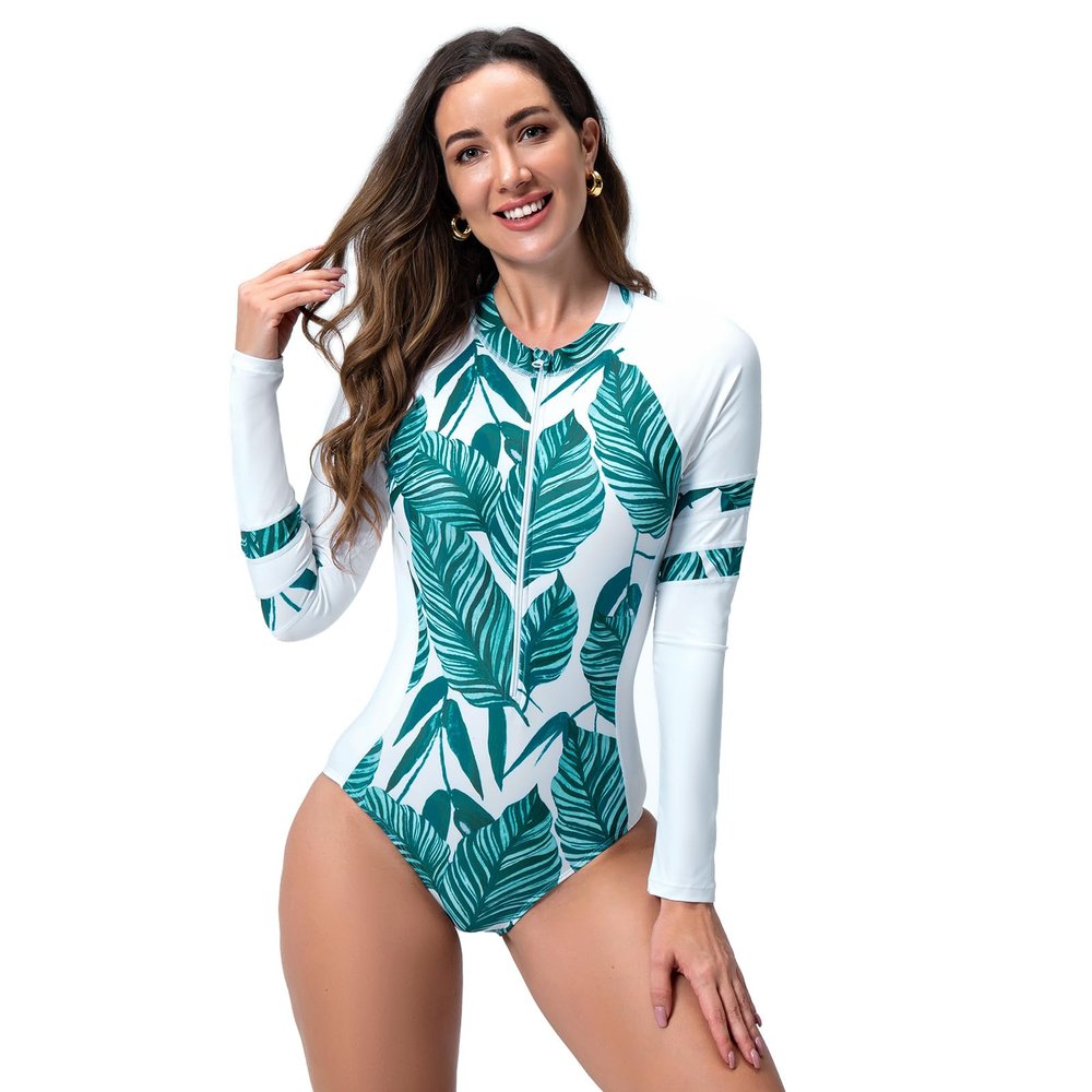 IBTOM CASTLE Long Sleeve Bathing Suit: Womens Athletic One Piece Swimsuit Rashguard Tropical Holiday Summer Surfing Swimwear Tummy Control Zip Up UPF 50+ Sun Protection Beachwear White & Green XS