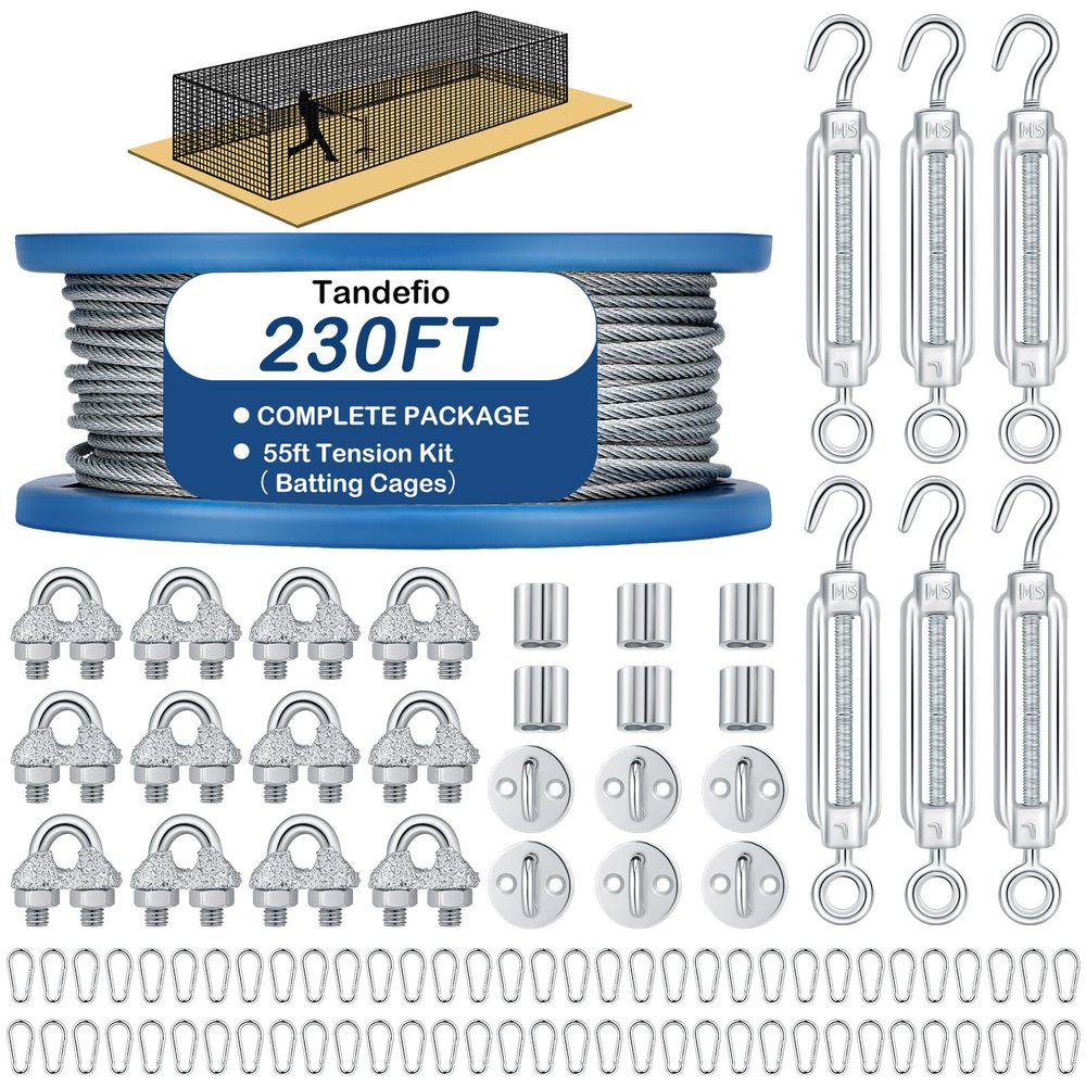 Tandefio Batting Cage Netting Wire Tension Kit Batting Cage Suspension Net Hanging Kits Ideal for Baseball and Softball Hitting Tunnels (55 ft)
