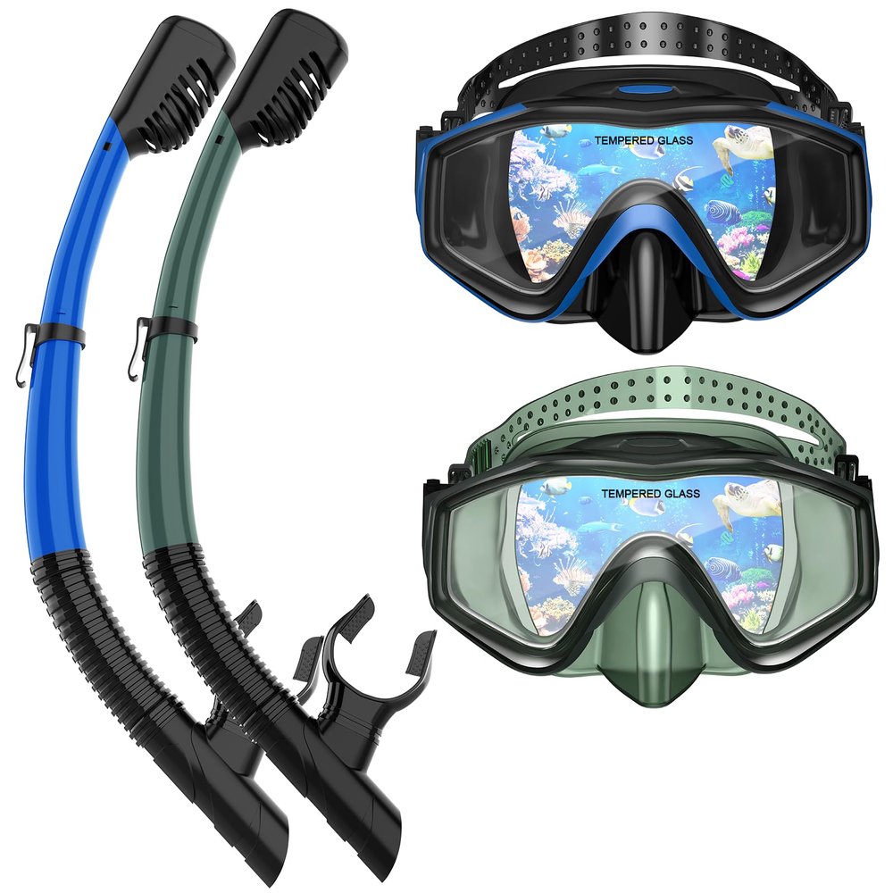 ACQCES Snorkeling Gear for Adults, Dry Top Snorkel Mask Set 2 Pack Scuba Diving Mask Snorkel Gear Anti Fog Snorkeling Packages Tempered Glass Panoramic View, Black+Green