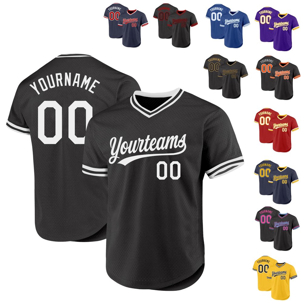 Personalized Black Authentic Throwback Baseball Jerseys Custom Large Mesh Short Sleeve T Shirts Baseball Pullover, Design Black and White Name Nmuber Sports Uniforms for Men Women Youth Boys Girls