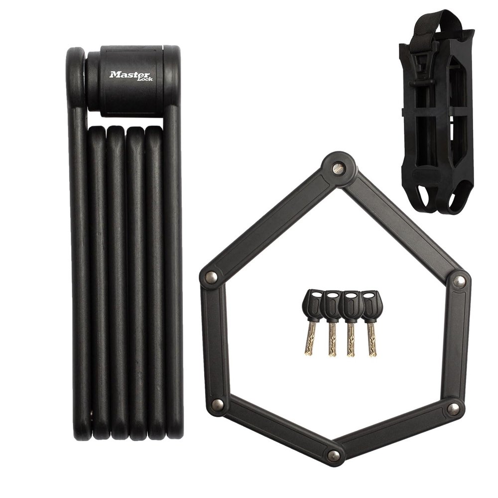 Master Lock 8335EURDPRO Folding Bike Lock with Hardened Steel links, 4 keys, Carrier and Mounting Bracket included, 84cm, Black