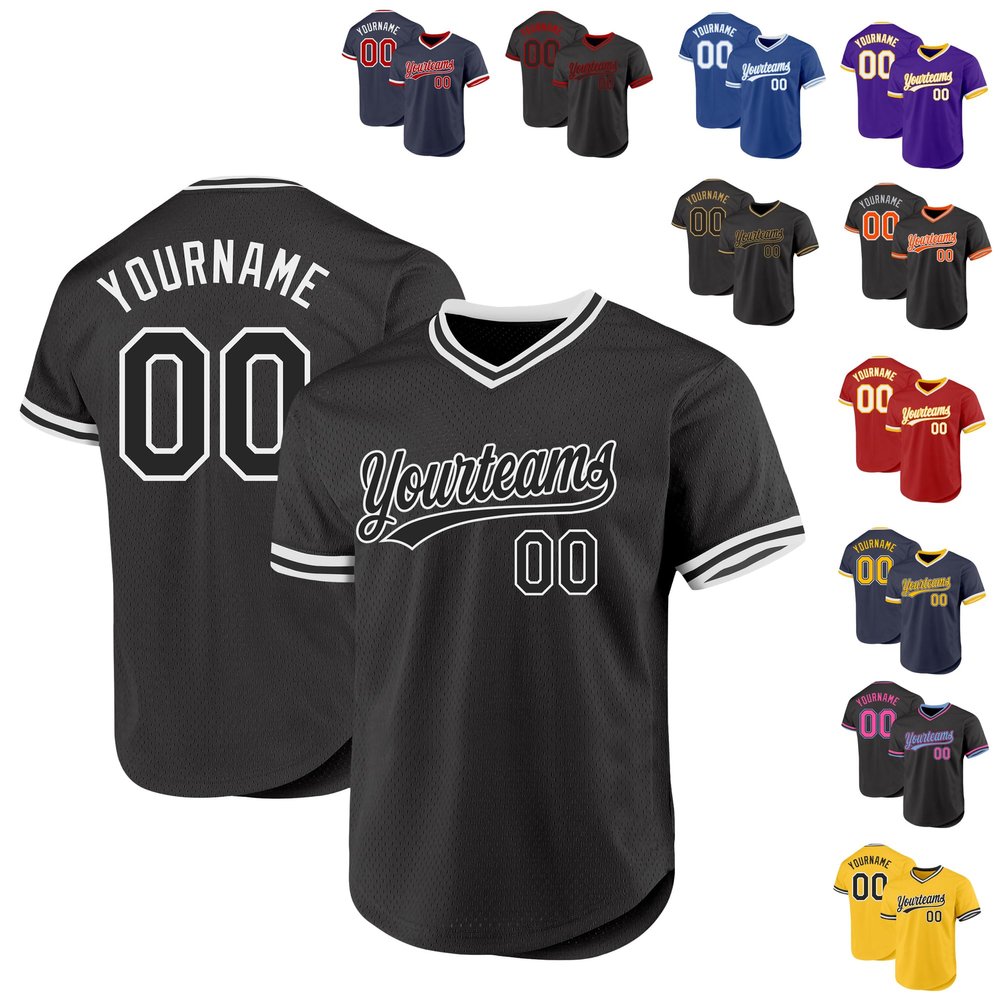 Custom Large Mesh Short Sleeve T Shirts Baseball Pullover, Personalized Black Authentic Throwback Baseball Jerseys, Design Black and White Name Nmuber Sports Uniforms for Men Women Youth Boys Girls