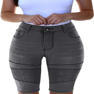 Zylphorix Womens Knee Length Curvy Stretch Short Jeans Middle Rise Stretchy Denim Shorts Summer Mid Waisted Denim Shorts (X-Large,Dark Gray)