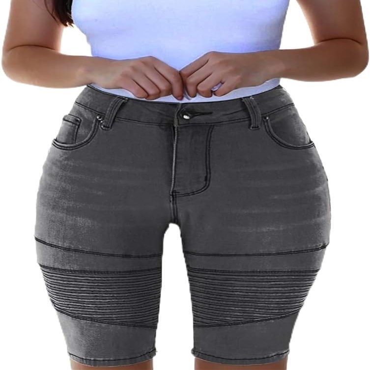 Zylphorix Womens Knee Length Curvy Stretch Short Jeans Middle Rise Stretchy Denim Shorts Summer Mid Waisted Denim Shorts (X-Large,Dark Gray)