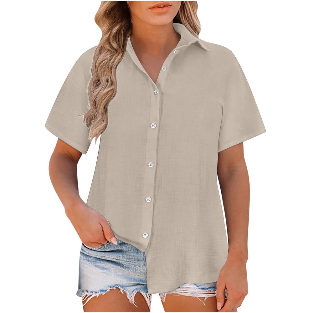 2024 Womens Cotton Linen Button Down Shirt Fashion Short Sleeve Tees Casual Work Dressy Blouse Tops with Pockets