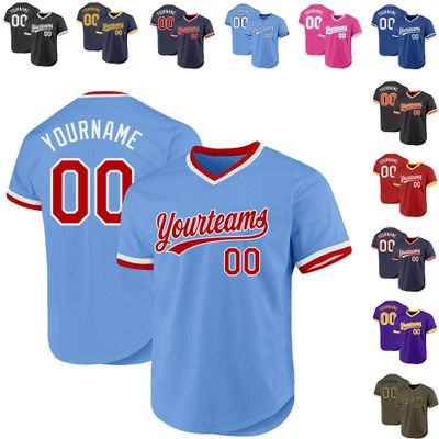 Custom Team Jerseys Baseball for Youth Men Women Boys Girls, Personalized Light Blue, White and Red Casual T-Shirts with Large Mesh, Design Your Own Sports Uniform with Stitched Name Number Logos