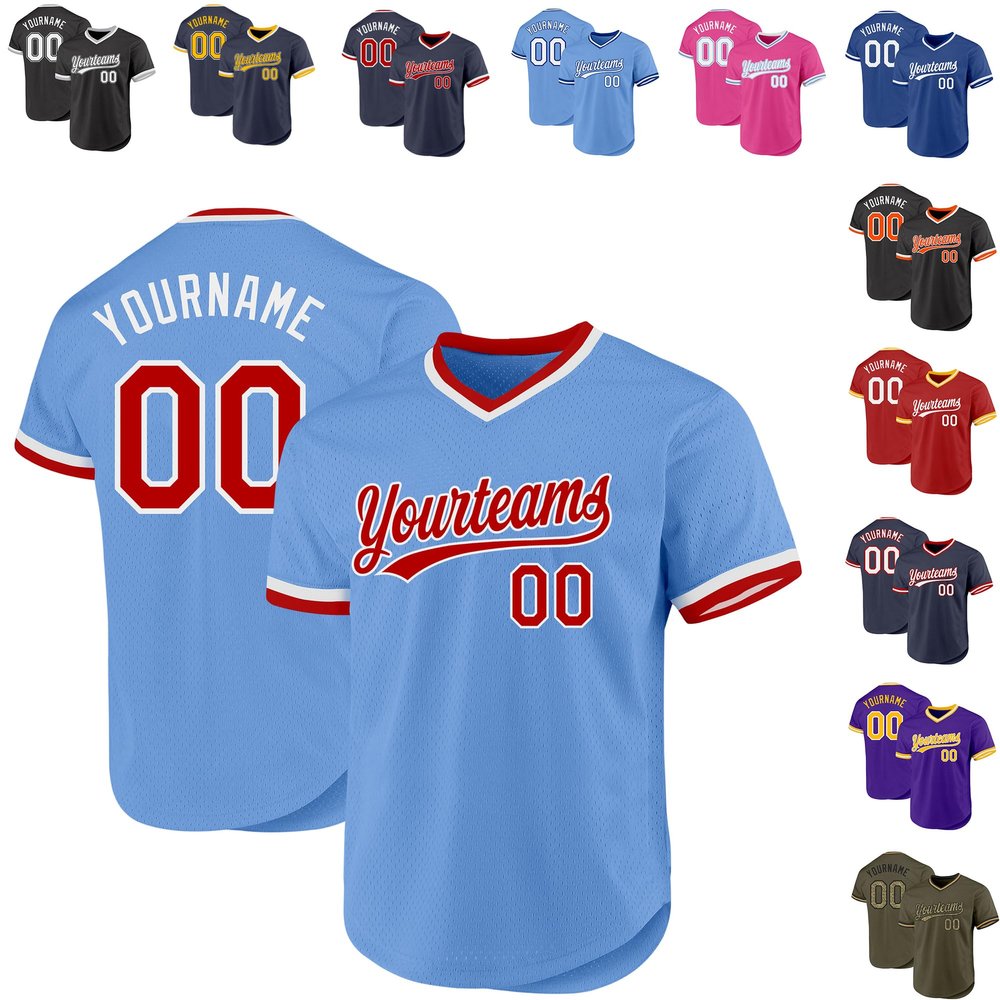 Custom Team Jerseys Baseball for Youth Men Women Boys Girls, Personalized Light Blue, White and Red Casual T-Shirts with Large Mesh, Design Your Own Sports Uniform with Stitched Name Number Logos