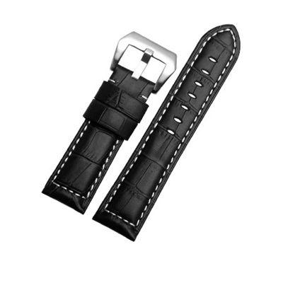 CAREG Quality Brown Handmade Band Men Watchband Compatible With Panerai Leather Watch Straps Male Replacement Bands Wist Bracelet 22mm 24mm 26mm Durable ( Color : Black White Line , Size : 24mm Silver
