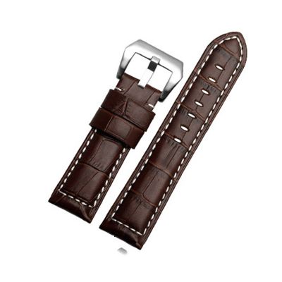 CAREG Quality Brown Handmade Band Men Watchband Compatible With Panerai Leather Watch Straps Male Replacement Bands Wist Bracelet 22mm 24mm 26mm Durable ( Color : Brown White Line , Size : 24mm Silver