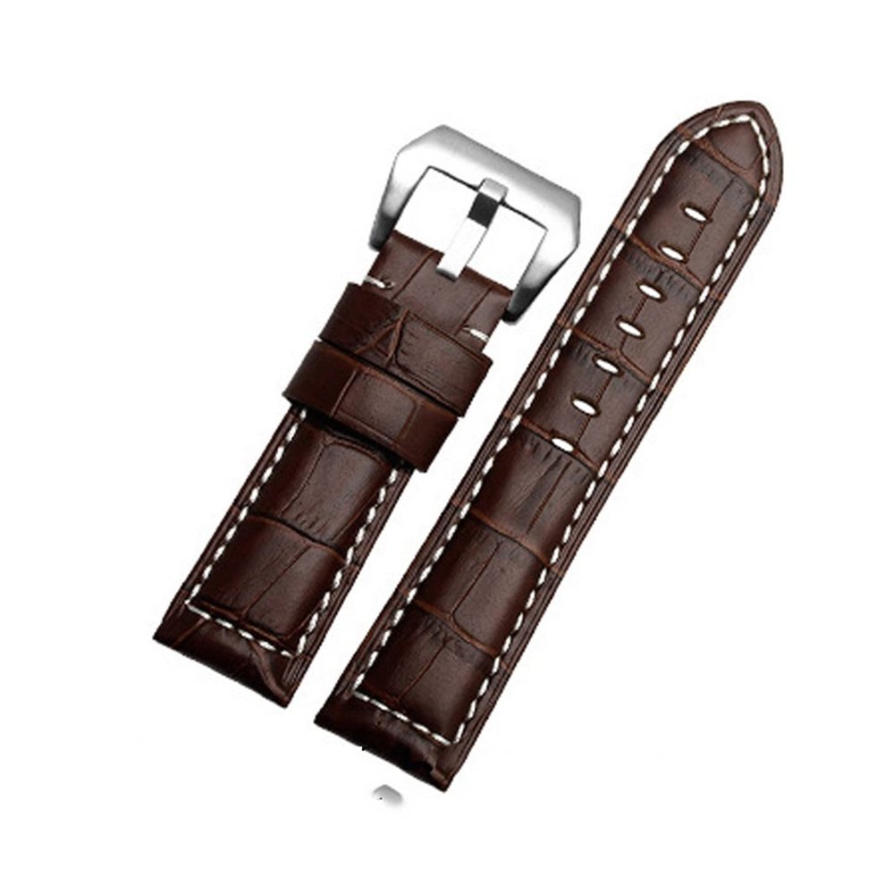 CAREG Quality Brown Handmade Band Men Watchband Compatible With Panerai Leather Watch Straps Male Replacement Bands Wist Bracelet 22mm 24mm 26mm Durable ( Color : Brown White Line , Size : 24mm Silver