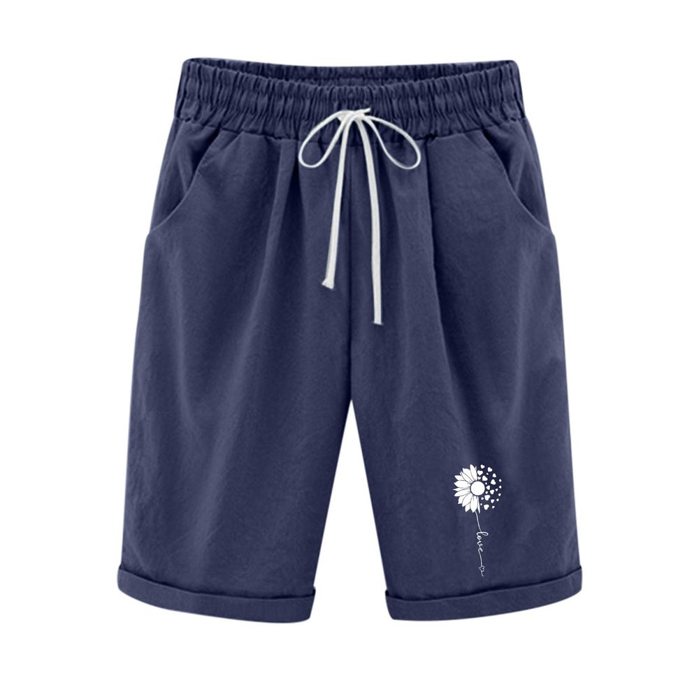 NineFit Basics Teen Girls Knee Length Lounge Shorts Cotton Linen Casual Sweat Shorts Dandelion Print Walking Bermuda Shorts with Pockets, Medium, 1-navy