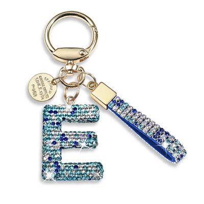 Pink Blue White Initial Letter Keychain Gift for Women Girls Bling Sparkly Cute Backpack Car Key Accessories Lanyard (E-blue)