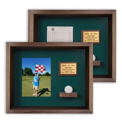 Eureka Golf Products Hole in One Shadowbox and Golf Ball Display Case | Personalized Engraved Plate | Holds Golf Ball and Scorecard or Photo |4 Color Finishes | Wall Mounted (Vertical, Walnut)