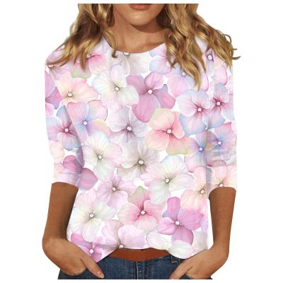 3/4 Sleeve Shirts for Women Womens 3/4 Sleeve Tops and Blouses Dressy Casual Floral Print Crewneck Tshirt Tunic Tops Loose Shirts Graphic Tees Pink XXXL
