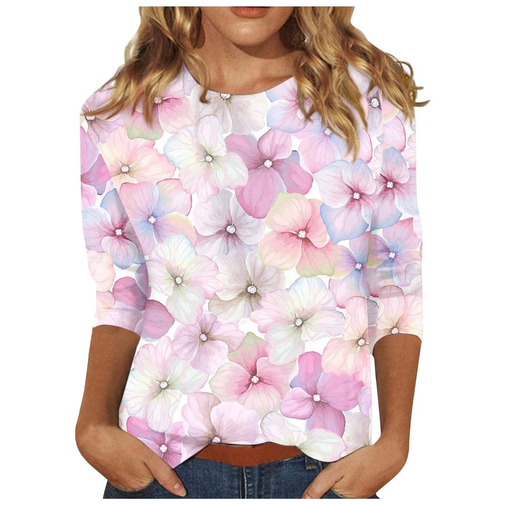 3/4 Sleeve Shirts for Women Womens 3/4 Sleeve Tops and Blouses Dressy Casual Floral Print Crewneck Tshirt Tunic Tops Loose Shirts Graphic Tees Pink XXXL