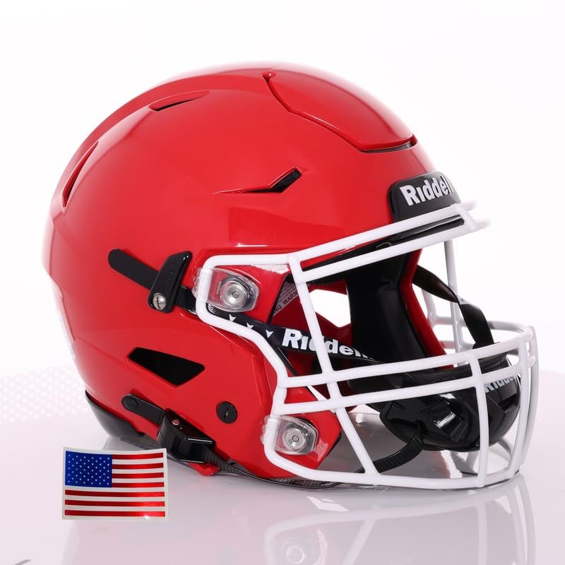 Riddell SpeedFlex Adult Helmet w/White SF-2BD Facemask + US Flag Decal (Scarlet, Small) - Green Gridiron