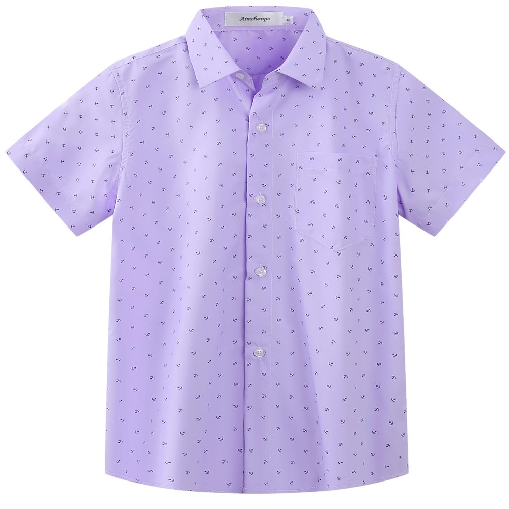 Aimehonpe Kids Boys Short Sleeve Print Dress Shirt Button Down Comfort Flex Shirts Spring Summer Outfits, LilacAnchor, Medium