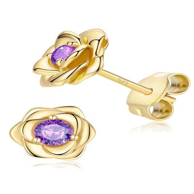 14K Gold Plated 925 Sterling Silver Post Rose Flower Stud Earrings for Women Birthstone Cubic Zirconia Studs Earrings Hypoallergenic & Nickel Free Jewelry Yellow Gold Plated Alexandrite Purple