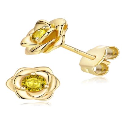 14K Gold Plated 925 Sterling Silver Post Rose Flower Stud Earrings for Women Birthstone Cubic Zirconia Studs Earrings Hypoallergenic & Nickel Free Jewelry Yellow Gold Plated Citrine