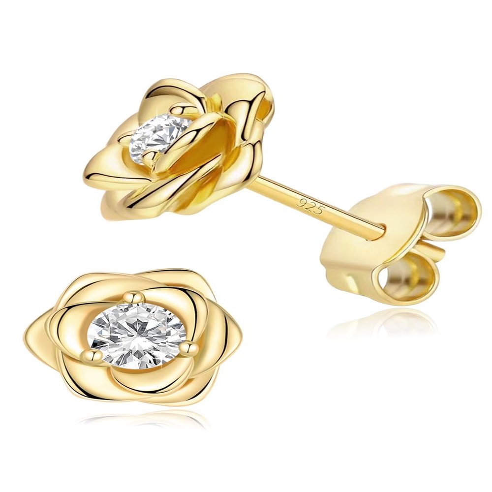 14K Gold Plated 925 Sterling Silver Post Rose Flower Stud Earrings for Women Birthstone Cubic Zirconia Studs Earrings Hypoallergenic & Nickel Free Jewelry Yellow Gold Plated Diamond