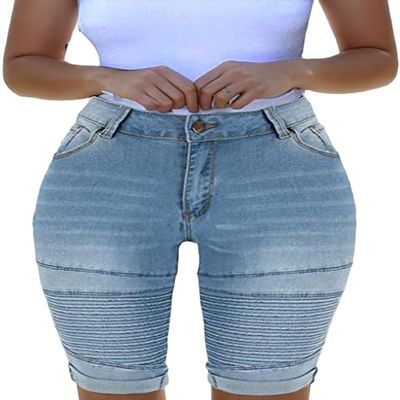 Zylphorix Womens Knee Length Curvy Stretch Short Jeans Middle Rise Stretchy Denim Shorts Summer Mid Waisted Denim Shorts (Small,Blue)