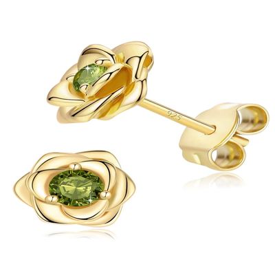 14K Gold Plated 925 Sterling Silver Post Rose Flower Stud Earrings for Women Birthstone Cubic Zirconia Studs Earrings Hypoallergenic & Nickel Free Jewelry Yellow Gold Plated Peridot