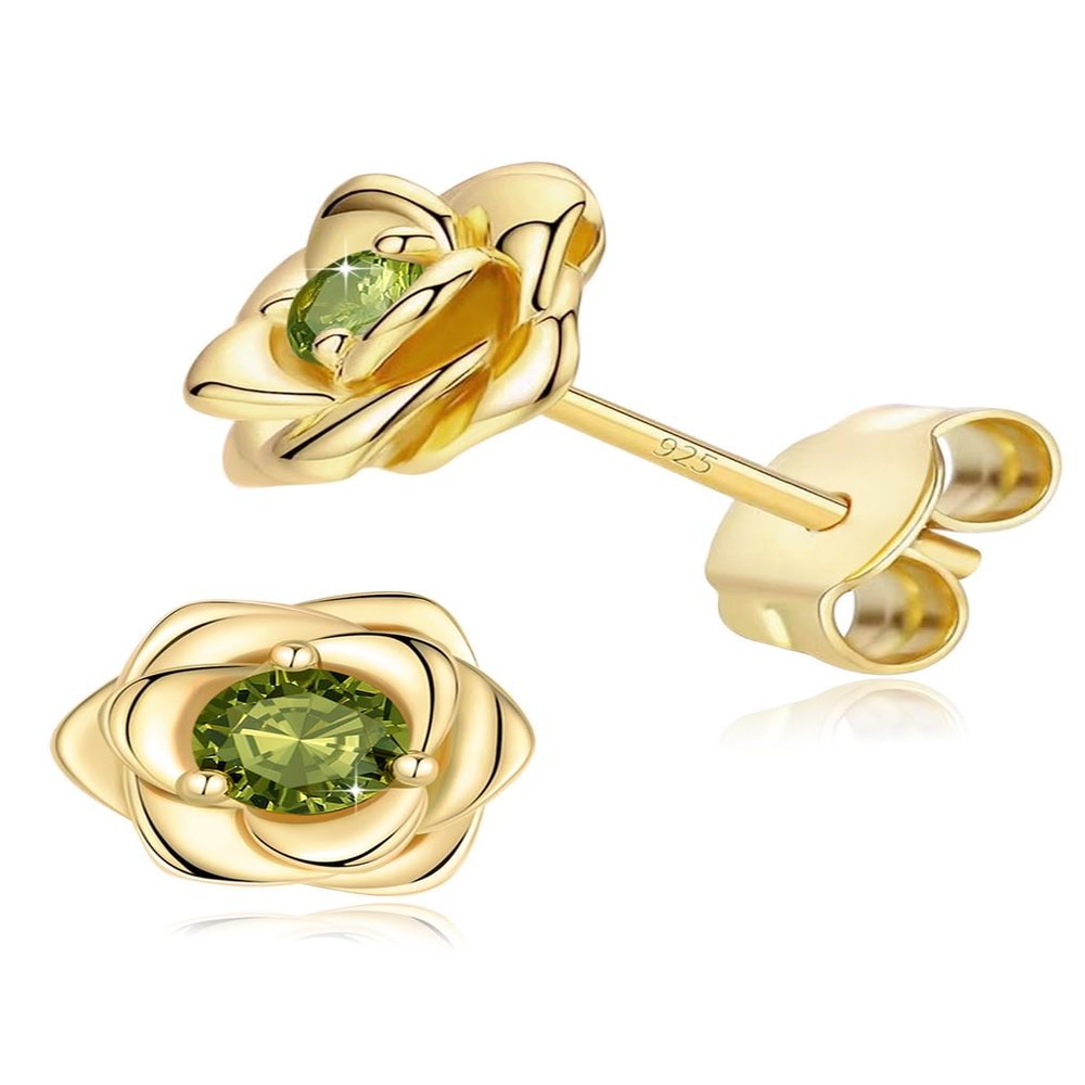 14K Gold Plated 925 Sterling Silver Post Rose Flower Stud Earrings for Women Birthstone Cubic Zirconia Studs Earrings Hypoallergenic & Nickel Free Jewelry Yellow Gold Plated Peridot