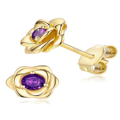 14K Gold Plated 925 Sterling Silver Post Rose Flower Stud Earrings for Women Birthstone Cubic Zirconia Studs Earrings Hypoallergenic & Nickel Free Jewelry Yellow Gold Plated Amethyst