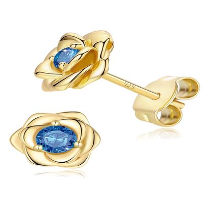 14K Gold Plated 925 Sterling Silver Post Rose Flower Stud Earrings for Women Birthstone Cubic Zirconia Studs Earrings Hypoallergenic & Nickel Free Jewelry Yellow Gold Plated Blue