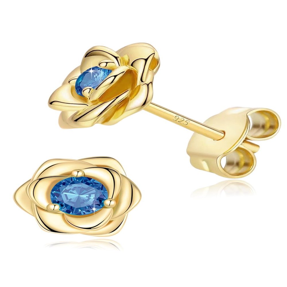 14K Gold Plated 925 Sterling Silver Post Rose Flower Stud Earrings for Women Birthstone Cubic Zirconia Studs Earrings Hypoallergenic & Nickel Free Jewelry Yellow Gold Plated Blue