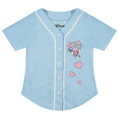 Disney Girls Stitch & Angel Baseball Jersey Mesh Button Down Shirt Light Blue