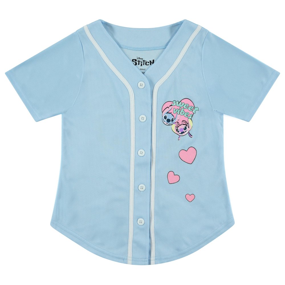 Disney Girls Stitch & Angel Baseball Jersey Mesh Button Down Shirt Light Blue