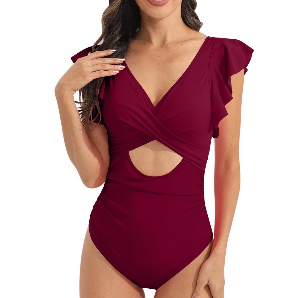 Women's Tummy Control One Piece Swimsuits Cutout Ruffle V Neck Slimming High Waisted Bathing Suit Push Up Wrap Swimwear