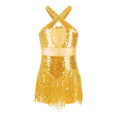 Jizyo Sequin Latin Dance Dress for Girls Tassel Salsa Ballroom Dancewear Sparkle Fringe Dress Modern Cha Cha Dancer Outfit Gold 12 Years