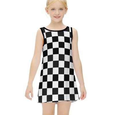 Black and White Checkered Flag Girl Dress Summer Crew Neck Children's T-Shirt Tops Casual Wear 7-9Y120cm