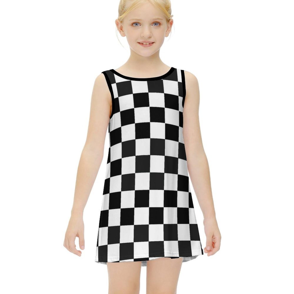 Black and White Checkered Flag Girl Dress Summer Crew Neck Children's T-Shirt Tops Casual Wear 7-9Y120cm