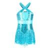Jizyo Sequin Latin Dance Dress for Girls Tassel Salsa Ballroom Dancewear Sparkle Fringe Dress Modern Cha Cha Dancer Outfit Sky Blue 14 Years view 1