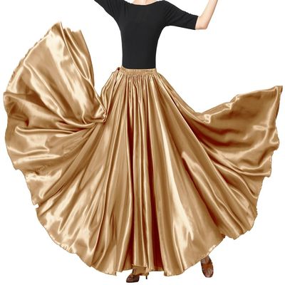 Backgarden Ladies 20 Yard Elegant Satin Long Full Skirt for Ballroom Belly Dance Performance Costume Dress Deep Gold
