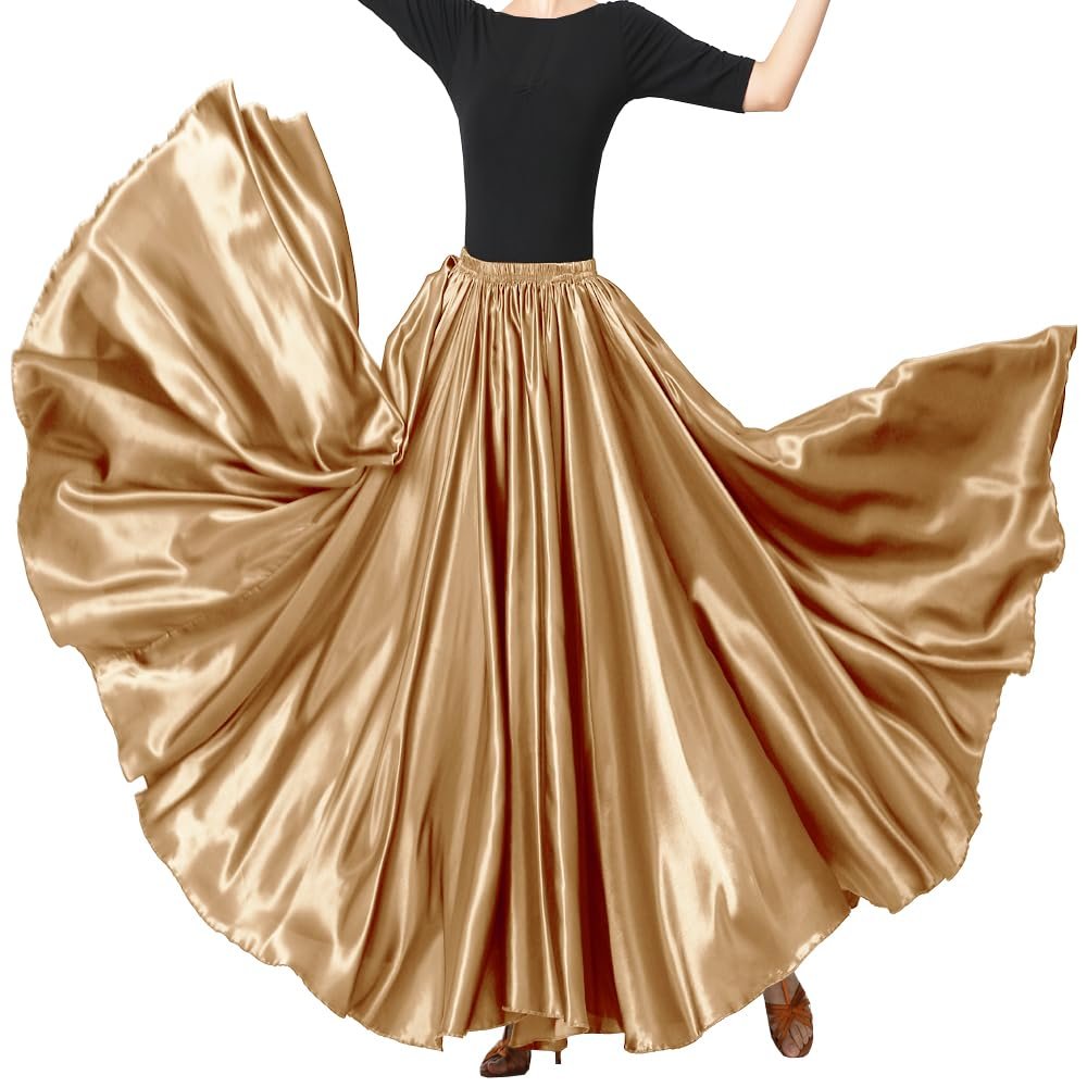 Backgarden Ladies 20 Yard Elegant Satin Long Full Skirt for Ballroom Belly Dance Performance Costume Dress Deep Gold
