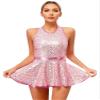Moily Women Sequin Ballet Jazz Modern Tap Bodysuit Dancewear Criss Cross Back Leotard Performance Costume Pink Medium view 4