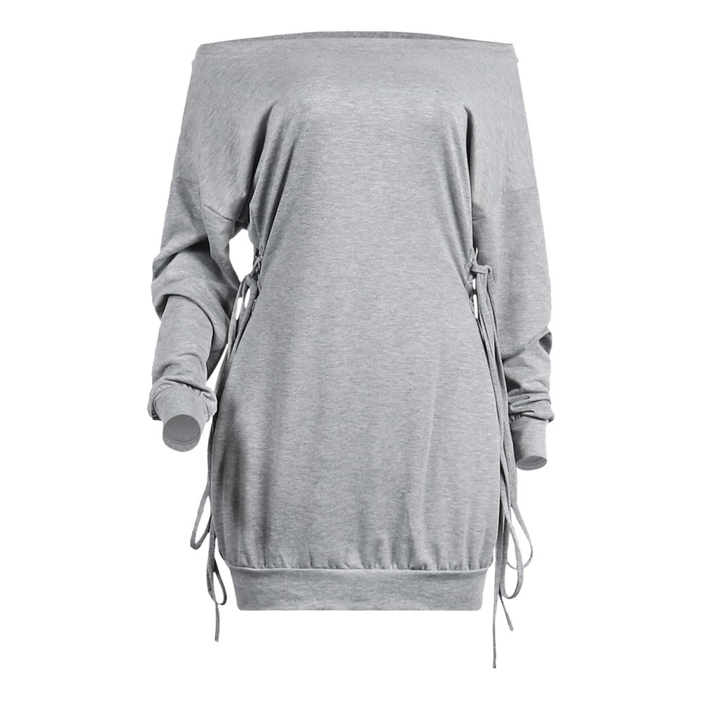 JEKE-DG Womens Bodycon Ruched Mini Dress Sexy Off Shoulder Long Sleeve Dress Casual Lace Up Loose Club Mini Dress (XX-Large,Grey)