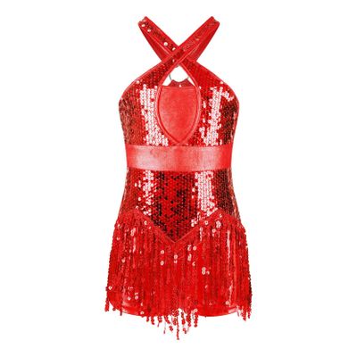 Jizyo Sequin Latin Dance Dress for Girls Tassel Salsa Ballroom Dancewear Sparkle Fringe Dress Modern Cha Cha Dancer Outfit Red 12 Years