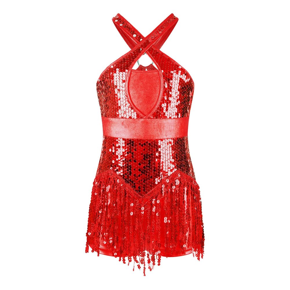 Jizyo Sequin Latin Dance Dress for Girls Tassel Salsa Ballroom Dancewear Sparkle Fringe Dress Modern Cha Cha Dancer Outfit Red 12 Years
