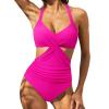 Women One Piece Swimsuit Halter Wrap V Neck Cutout High Waisted Monokini Tummy Control Bathing Suit Slimming Swimwear Hot Pink view 1